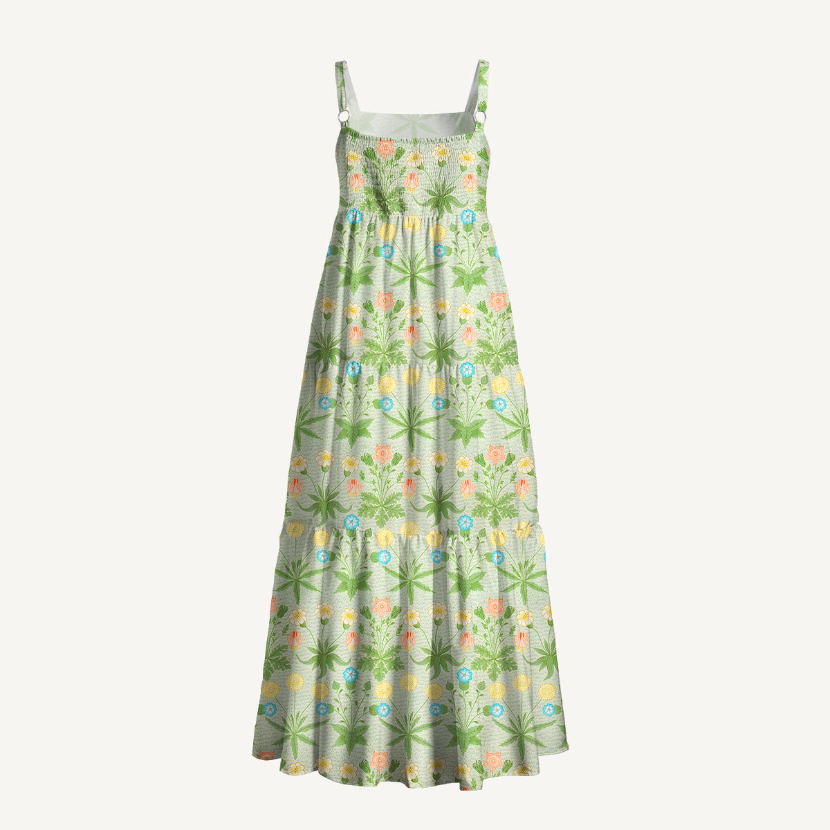 Retro Green Floral Meadow Print Wide Straps Maxi Dress With Pockets