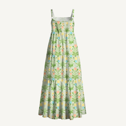 Retro Green Floral Meadow Print Wide Straps Maxi Dress With Pockets