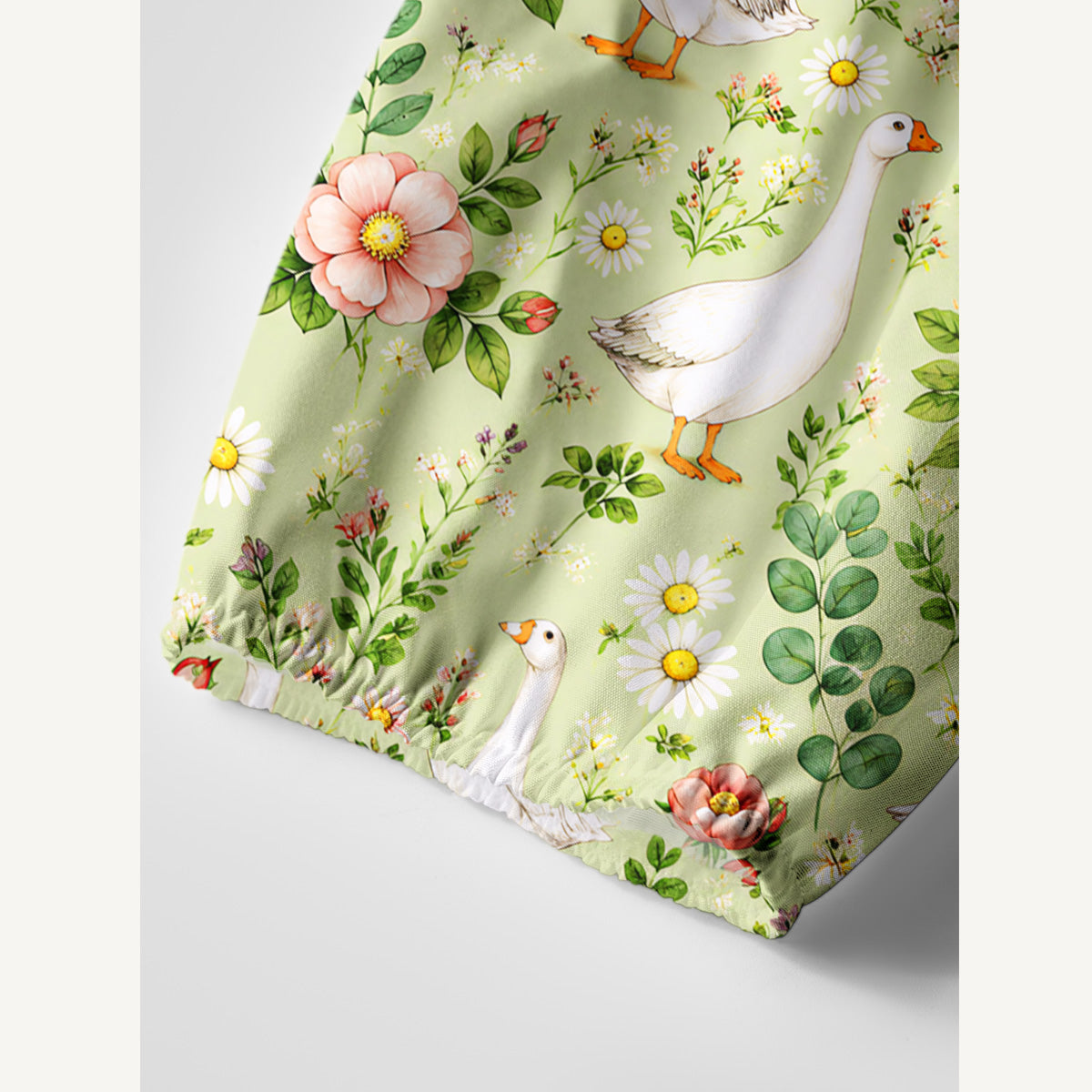 Pastoral Goose Garden Print Boho Long Sleeve Tie‑Neck Smock Mini Dress