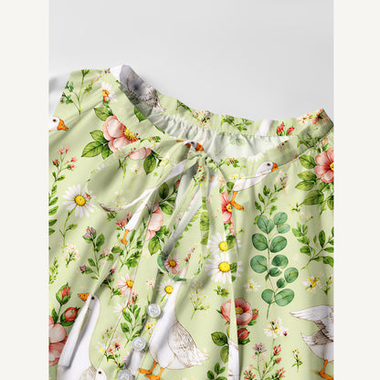 Pastoral Goose Garden Print Boho Long Sleeve Tie‑Neck Smock Mini Dress