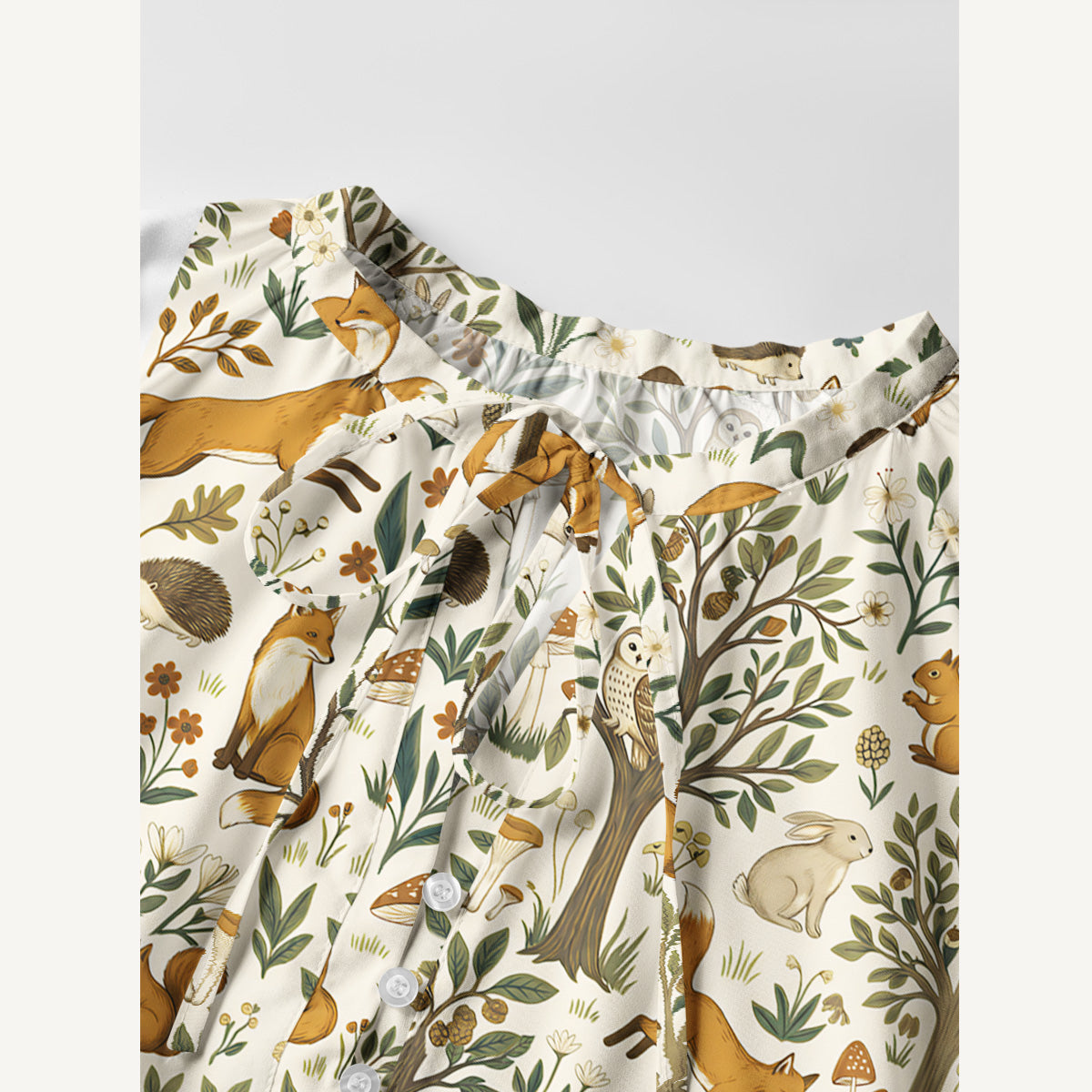 Woodland Creatures Print Boho Long Sleeve Tie‑Neck Smock Mini Dress
