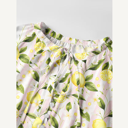 Lemon Grove Sunshine Print Boho Tie‑Neck Smock Mini Dress
