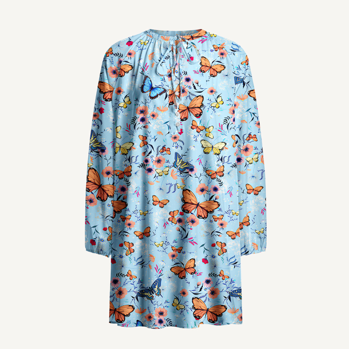 Butterfly Blossom Print Boho Tie‑Neck Smock Mini Dress