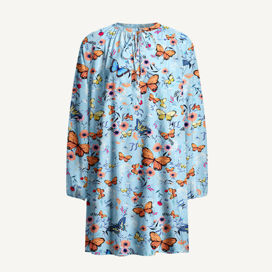 Butterfly Blossom Print Boho Tie‑Neck Smock Mini Dress