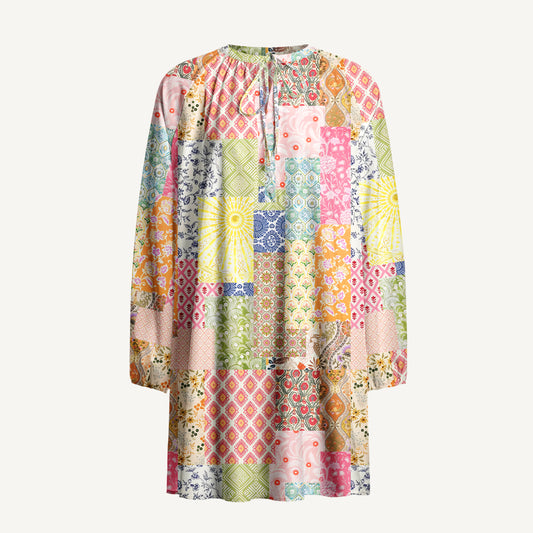 Colorful Bohemian Patchwork Print Boho Tie‑Neck Smock Mini Dress