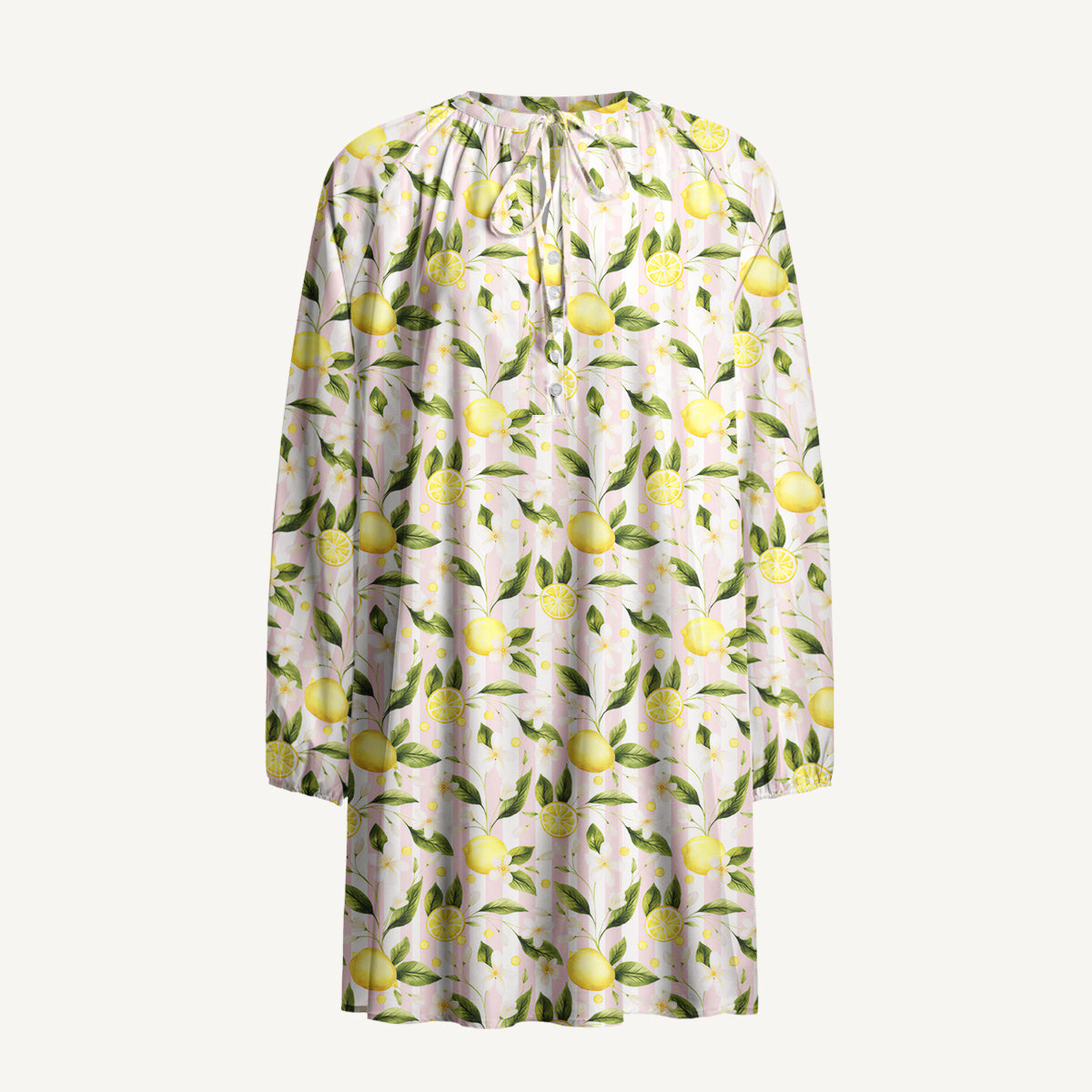 Lemon Grove Sunshine Print Boho Tie‑Neck Smock Mini Dress