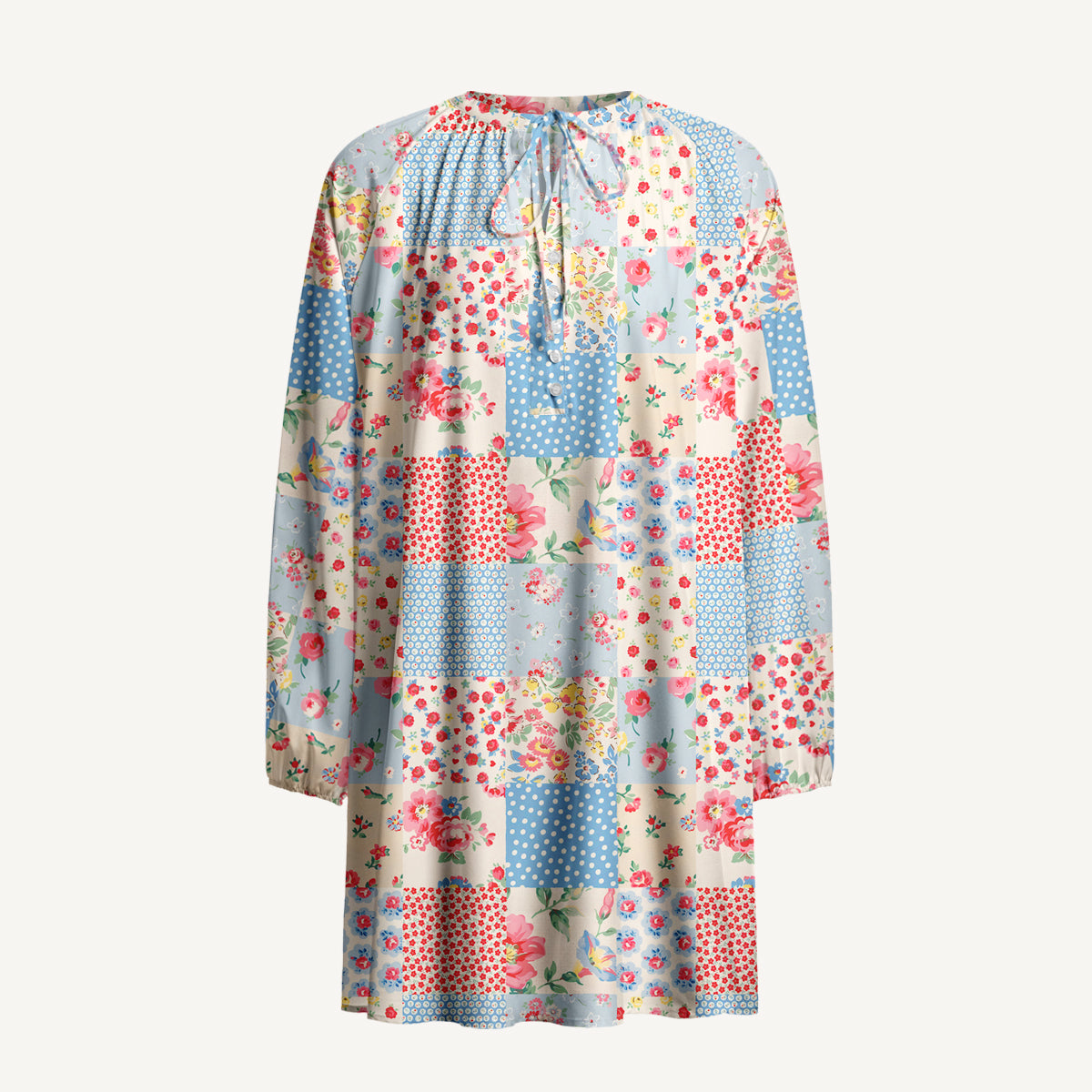 Pastel Patc Print Boho Tie‑Neck Smock Mini Dress