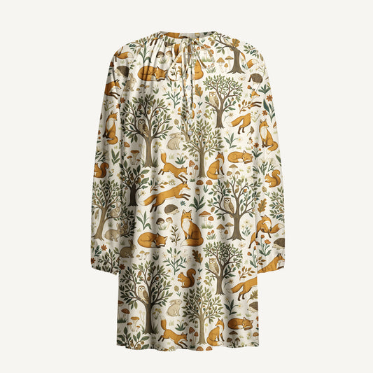 Woodland Creatures Print Boho Long Sleeve Tie‑Neck Smock Mini Dress