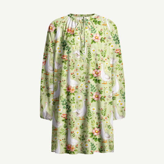 Pastoral Goose Garden Print Boho Long Sleeve Tie‑Neck Smock Mini Dress
