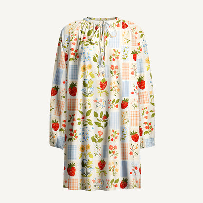 Strawberry Garden Patchwork Print Boho Long Sleeve Tie‑Neck Smock Mini Dress