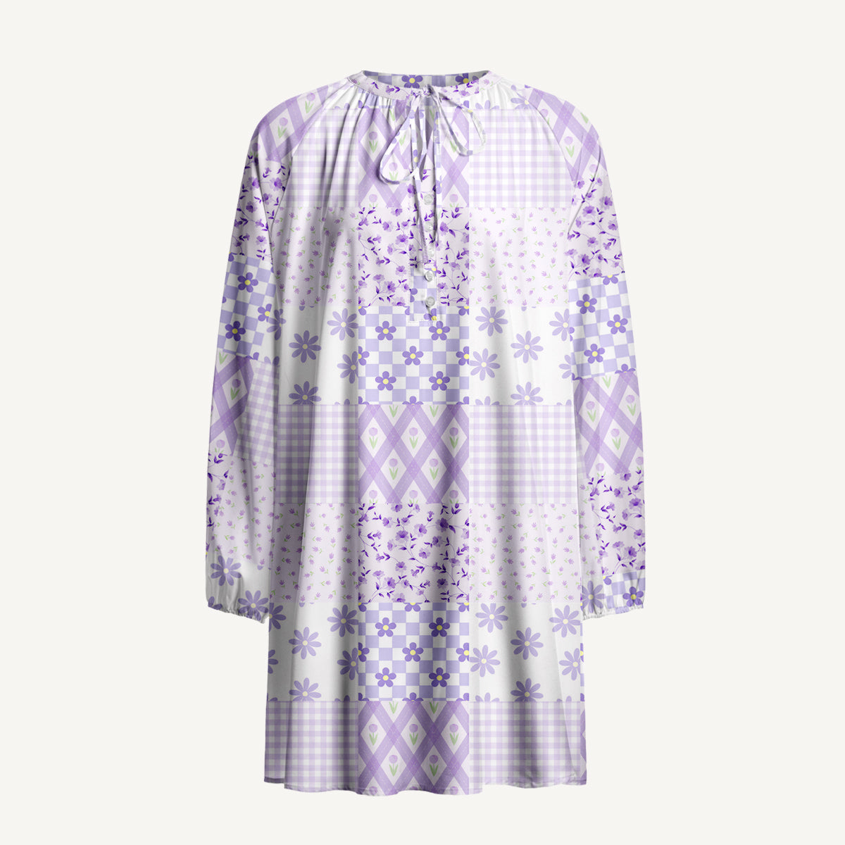 Lavender Daisy & Gingham Print Boho Tie‑Neck Smock Mini Dress