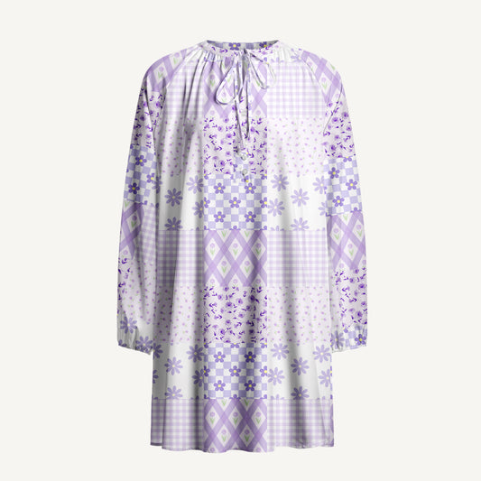 Lavender Daisy & Gingham Print Boho Tie‑Neck Smock Mini Dress