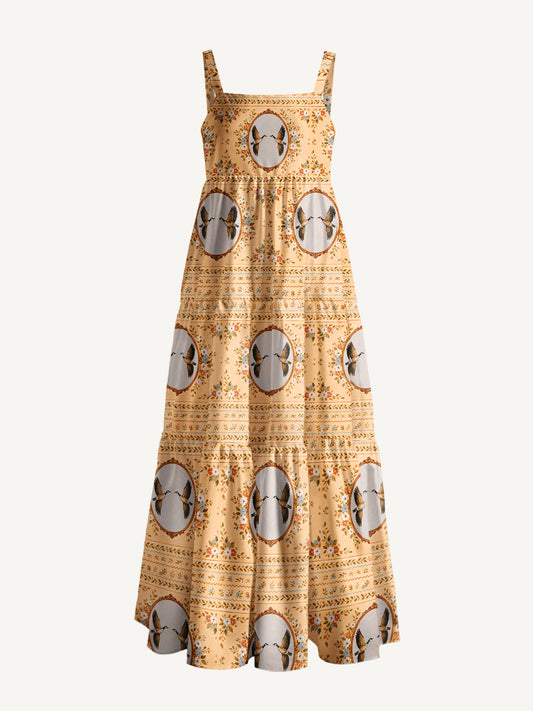 Flying Geese Portrait Print Wide Straps Maxi Dress With Pockets