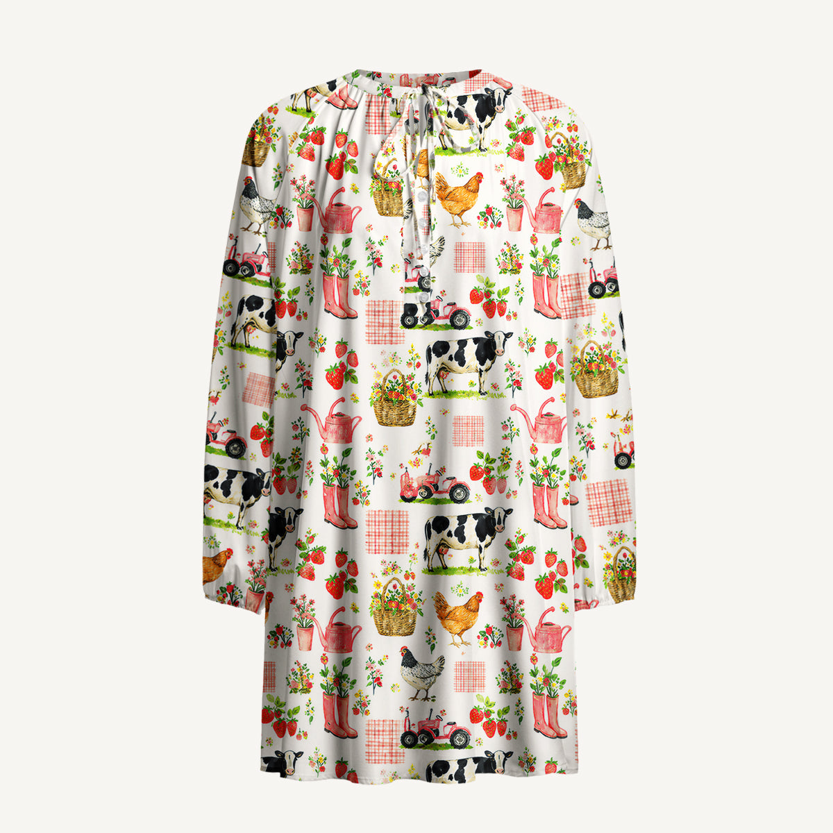 Watercolor Pink Farm Chicken Print Boho Long Sleeve Tie‑Neck Smock Mini Dress
