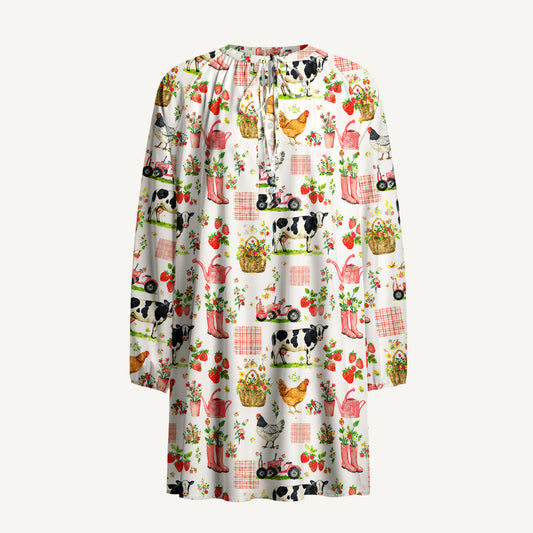Watercolor Pink Farm Chicken Print Boho Long Sleeve Tie‑Neck Smock Mini Dress