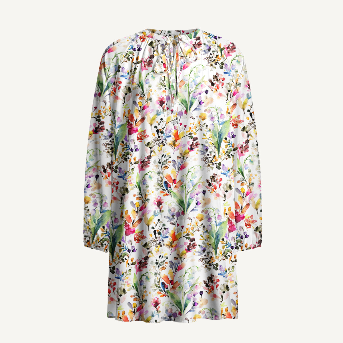 Watercolor Wildflower Garden Print Boho Tie‑Neck Smock Mini Dress