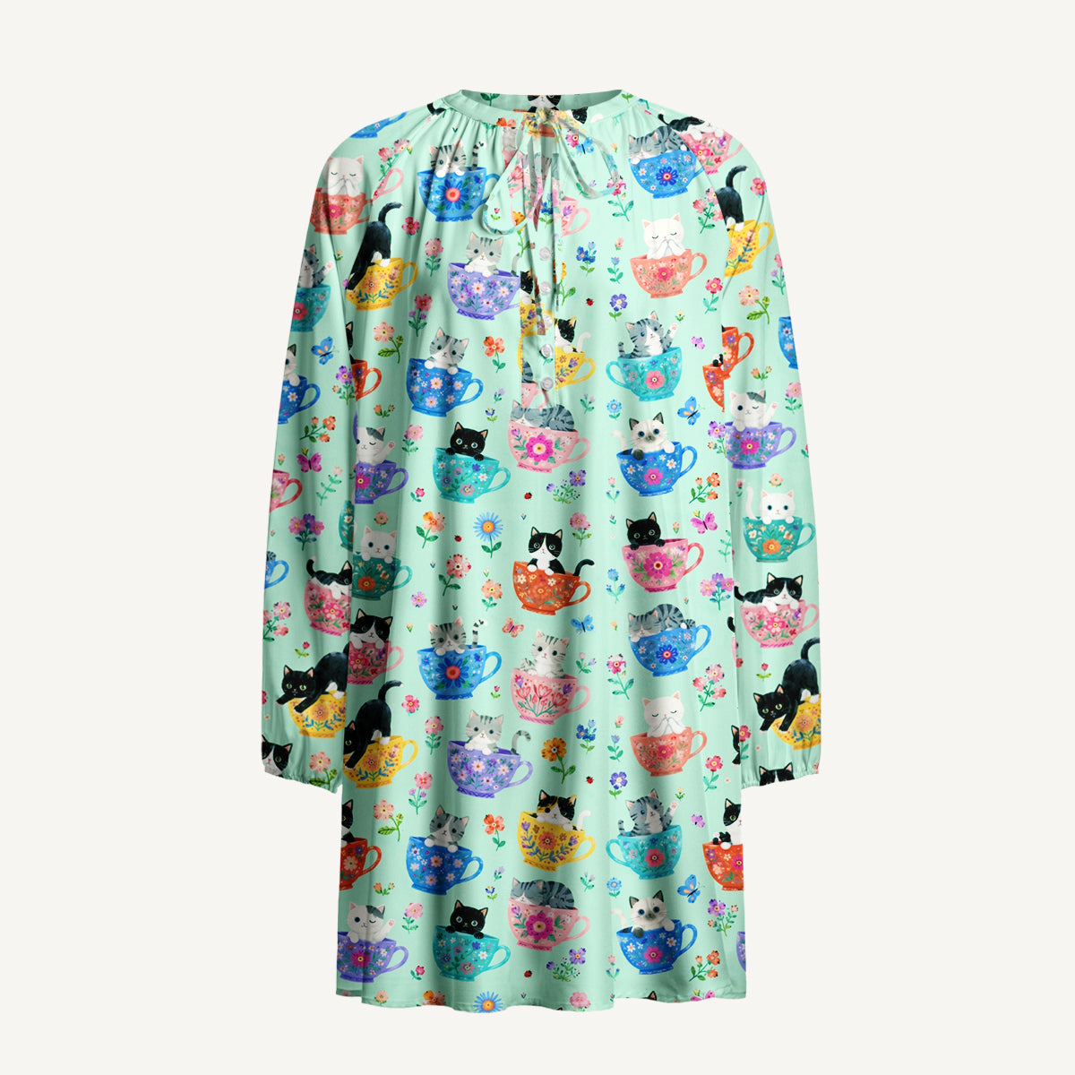Cute Teacup Kitten Print Boho Tie‑Neck Smock Mini Dress
