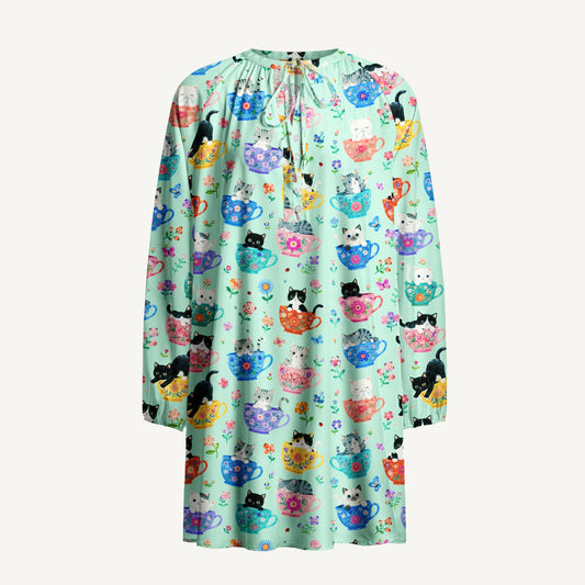 Cute Teacup Kitten Print Boho Tie‑Neck Smock Mini Dress