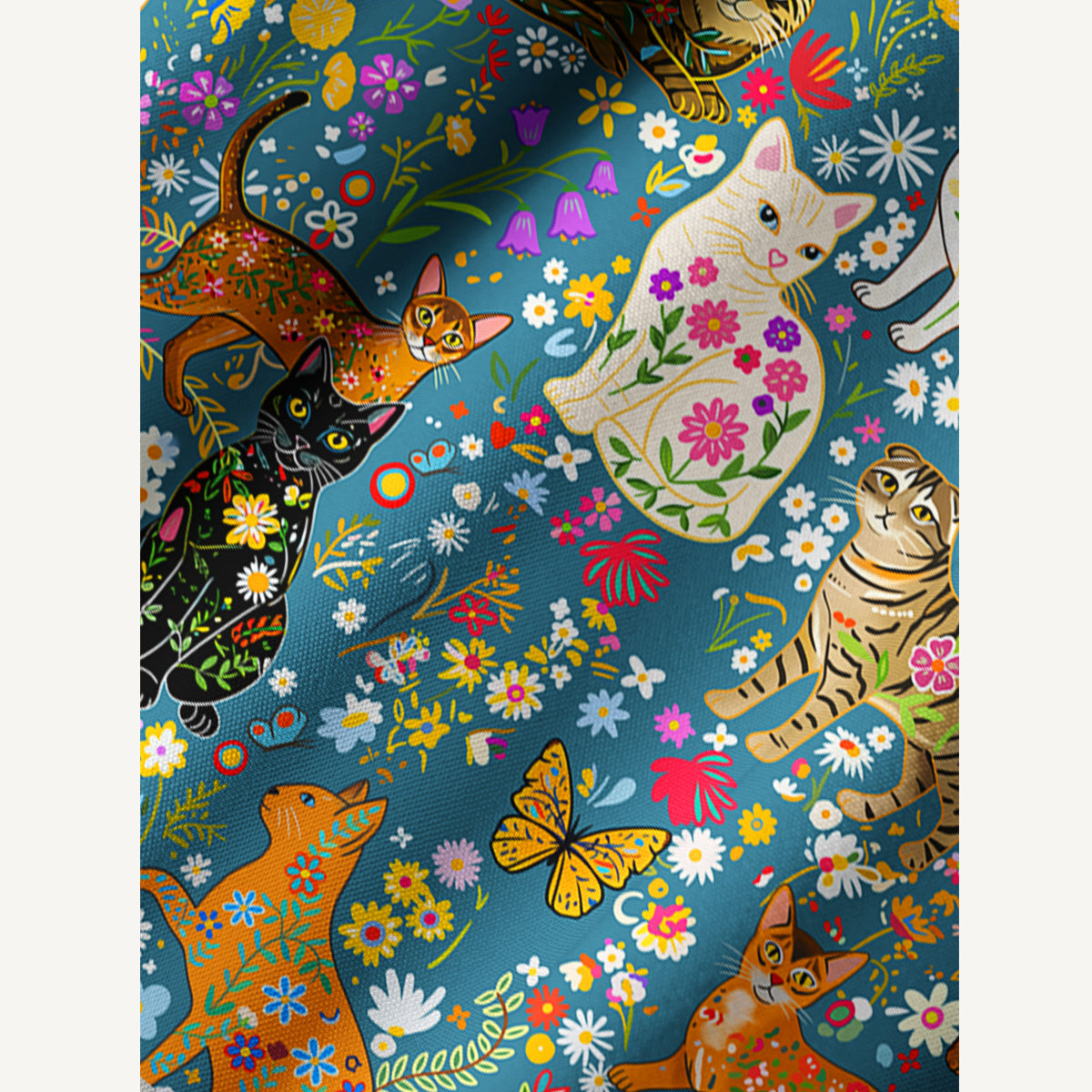 Colorful Garden Cat Pattern Print Boho Tie‑Neck Smock Mini Dress