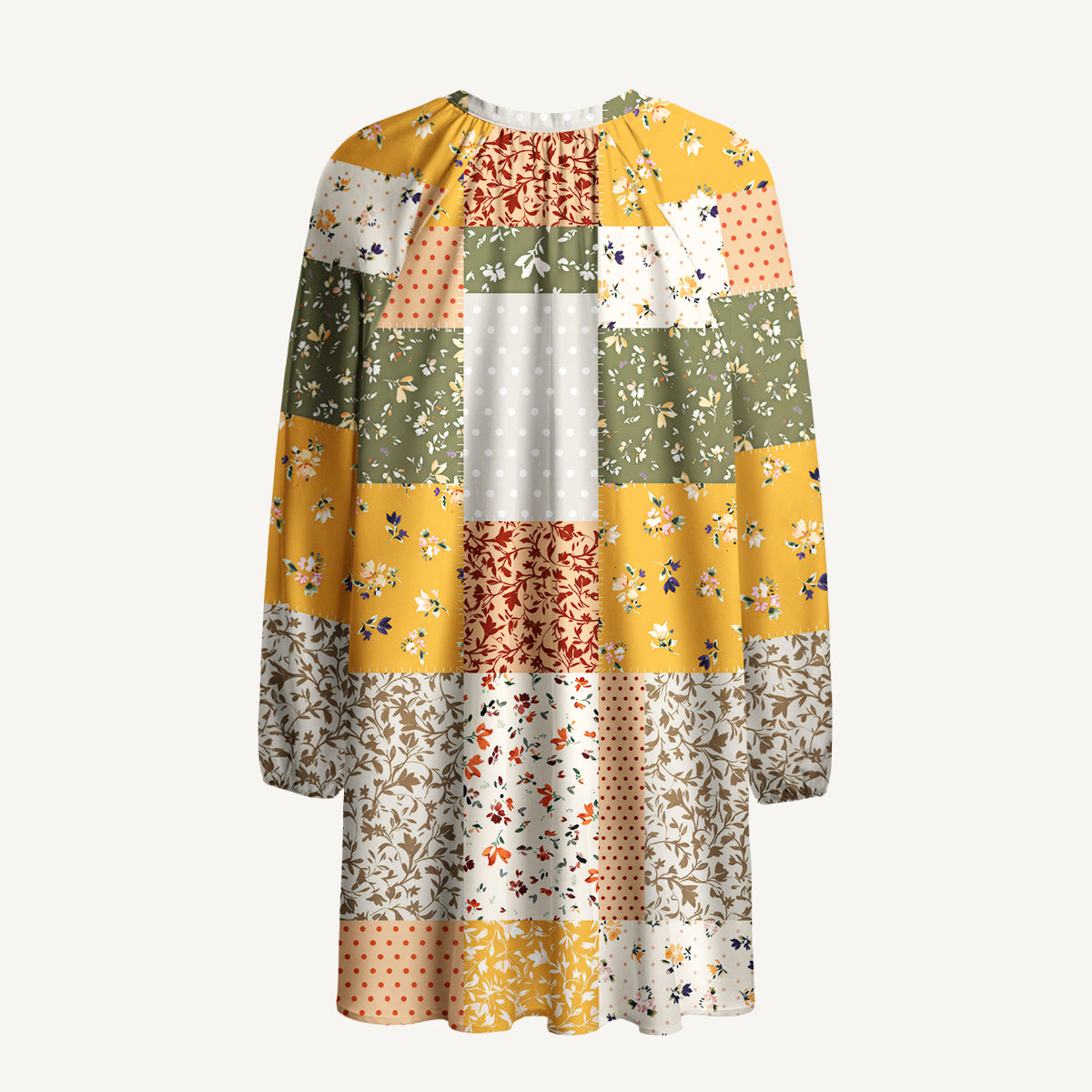 Rustic Floral Patchwork Print Boho Tie‑Neck Smock Mini Dress