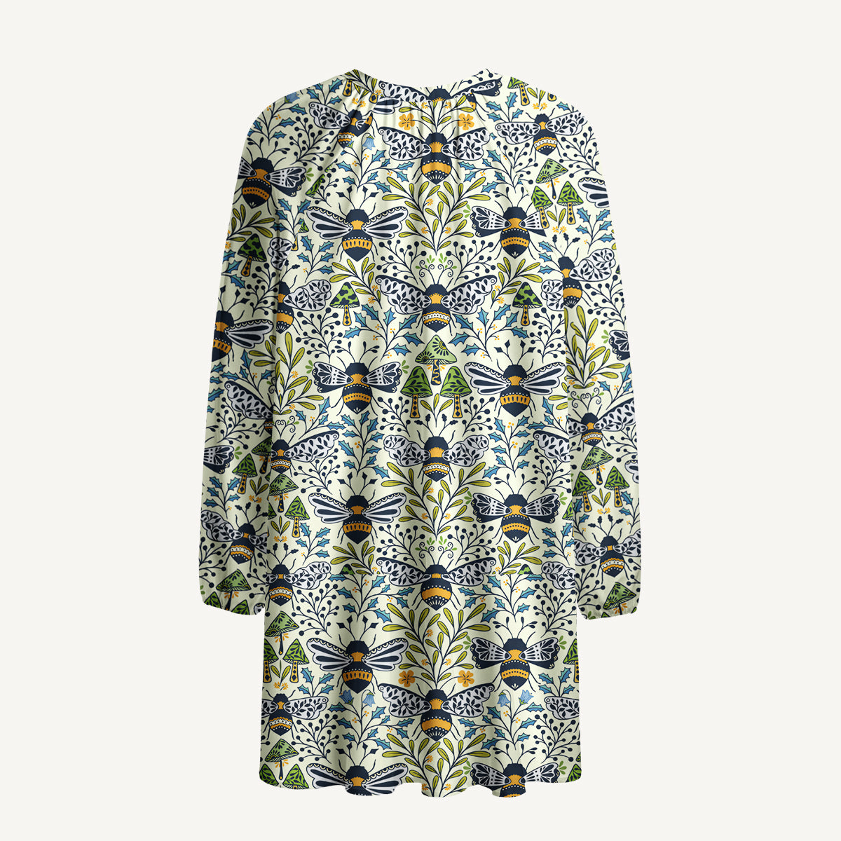 Botanical Bee Garden Print Boho Tie‑Neck Smock Mini Dress