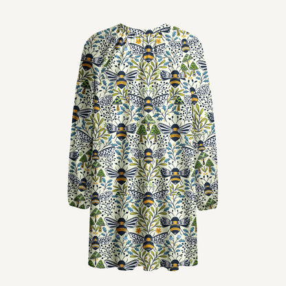 Botanical Bee Garden Print Boho Tie‑Neck Smock Mini Dress