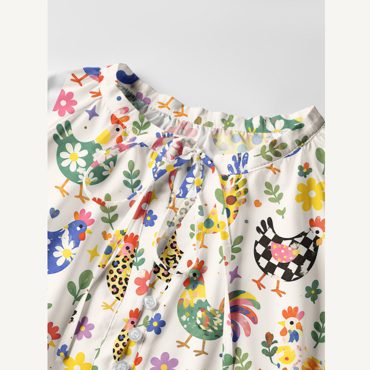 Funky Retro Chicken Print Boho Tie‑Neck Smock Mini Dress