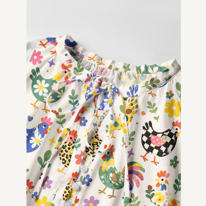 Funky Retro Chicken Print Boho Tie‑Neck Smock Mini Dress