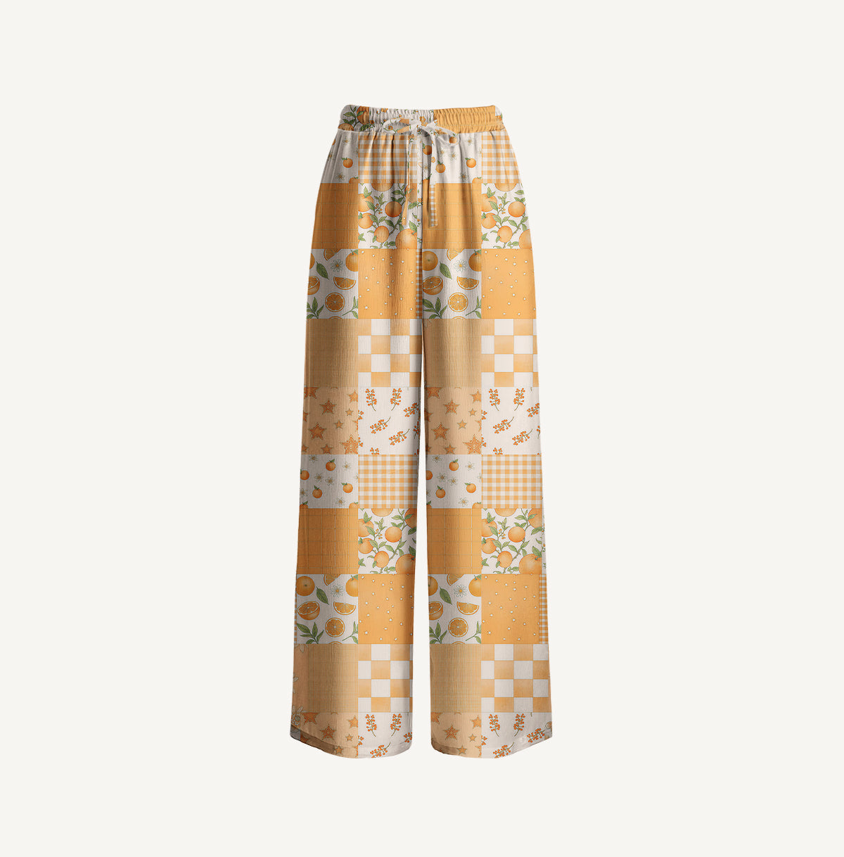 Lemon Sunshine Patchwork Print Wide Leg Tie Waist Pants With Pockets
