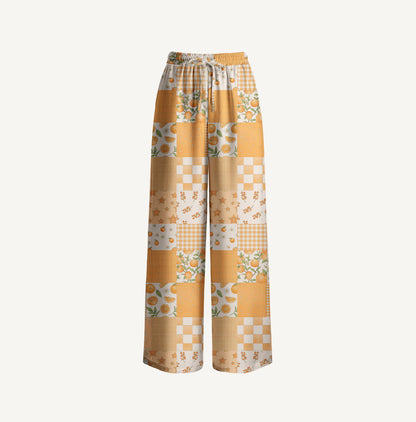 Lemon Sunshine Patchwork Print Wide Leg Tie Waist Pants With Pockets