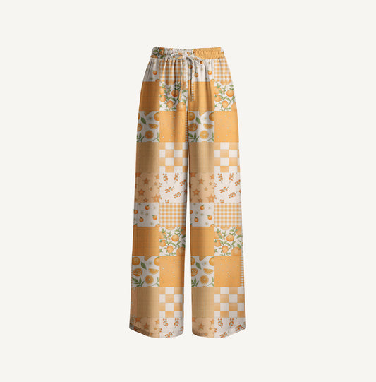 Lemon Sunshine Patchwork Print Wide Leg Tie Waist Pants With Pockets