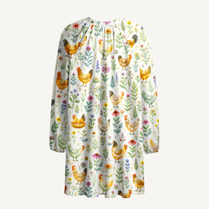 Watercolor Chickens Leaves Print Boho Long Sleeve Tie‑Neck Smock Mini Dress