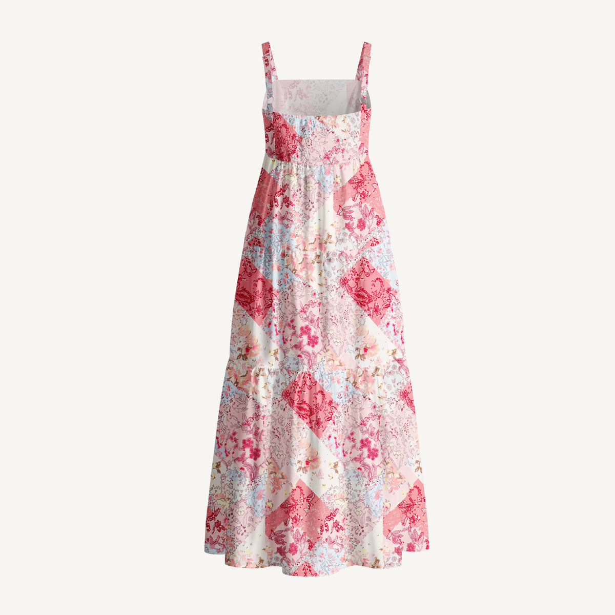 Shabby Chic Floral Patchwork Print Cotton Wide Straps Maxi Dress With Pockets