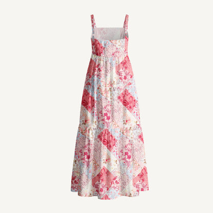 Shabby Chic Floral Patchwork Print Cotton Wide Straps Maxi Dress With Pockets