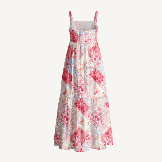 Shabby Chic Floral Patchwork Print Cotton Wide Straps Maxi Dress With Pockets