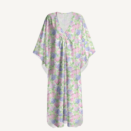 V‑Neck Lilac Hydrangea Kimono Sleeve Kaftan Dress