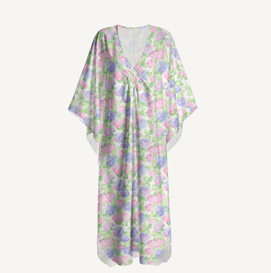 V‑Neck Lilac Hydrangea Kimono Sleeve Kaftan Dress