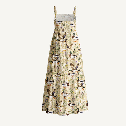 Watercolor Mallard Ducks Print Cotton Wide Straps Maxi Dress With Pockets