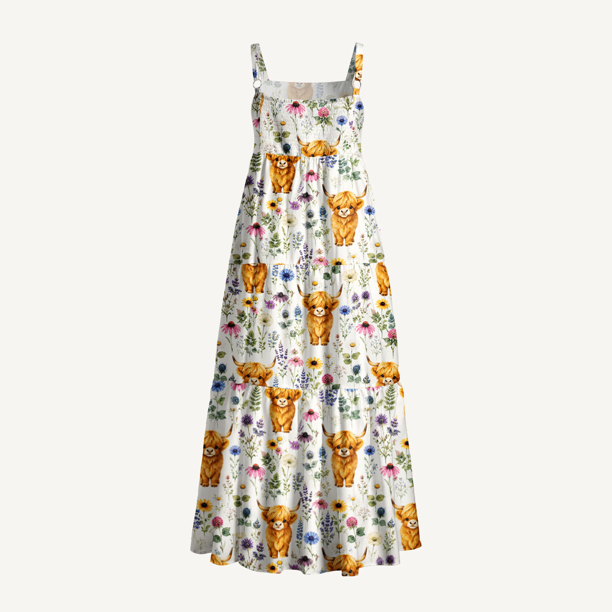 Farm Animal Boho Highland Cow Print Wide Straps Maxi Dress With Pockets