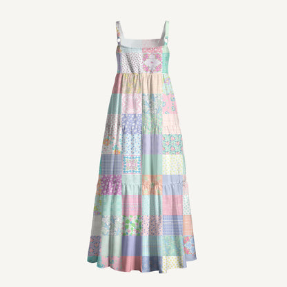 Vintage Quilt Patchwork Print Wide Straps Maxi Dress With Pockets