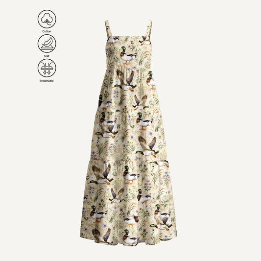 Watercolor Mallard Ducks Print Cotton Wide Straps Maxi Dress With Pockets