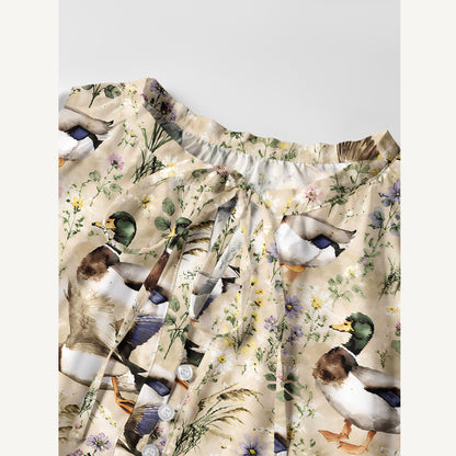 Watercolor Mallard Ducks Print Boho Long Sleeve Tie‑Neck Smock Mini Dress