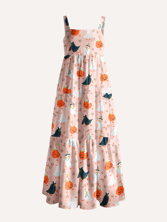 Pumpkin Ghost Parade Cozy Print Wide Straps Maxi Dress With Pockets