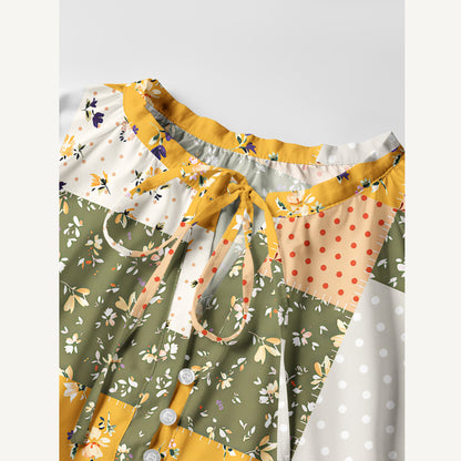 Rustic Floral Patchwork Print Boho Tie‑Neck Smock Mini Dress