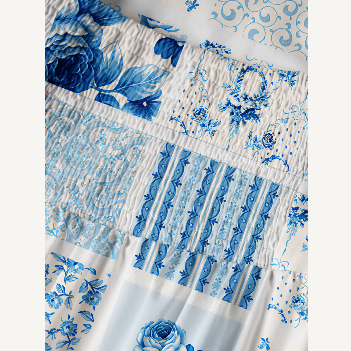 Delft Blue Floral Patchwork Print Cotton Wide Straps Maxi Dress With Pockets