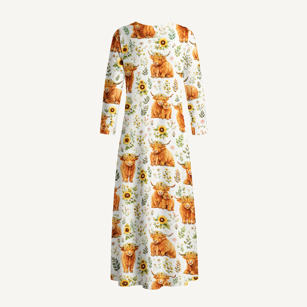 Spring Highland Cow Floral Print Soft-Touch Stretch Knit Long Sleeve Maxi Dress with Pockets