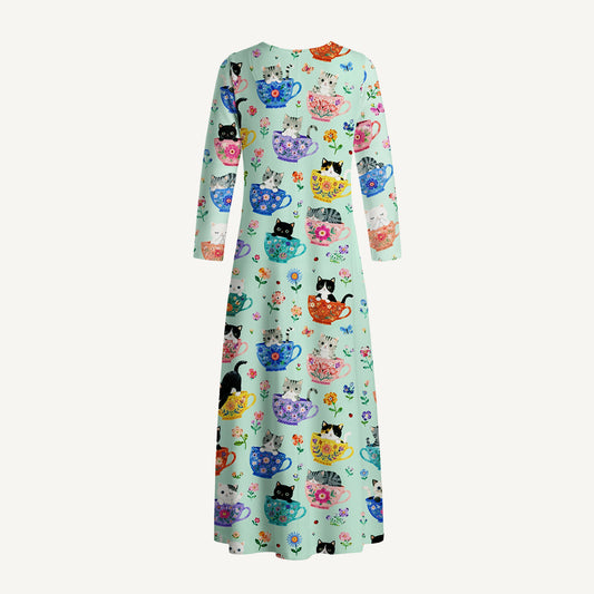 Cute Teacup Kitten Print Soft-Touch Stretch Knit Long Sleeve Maxi Dress with Pockets