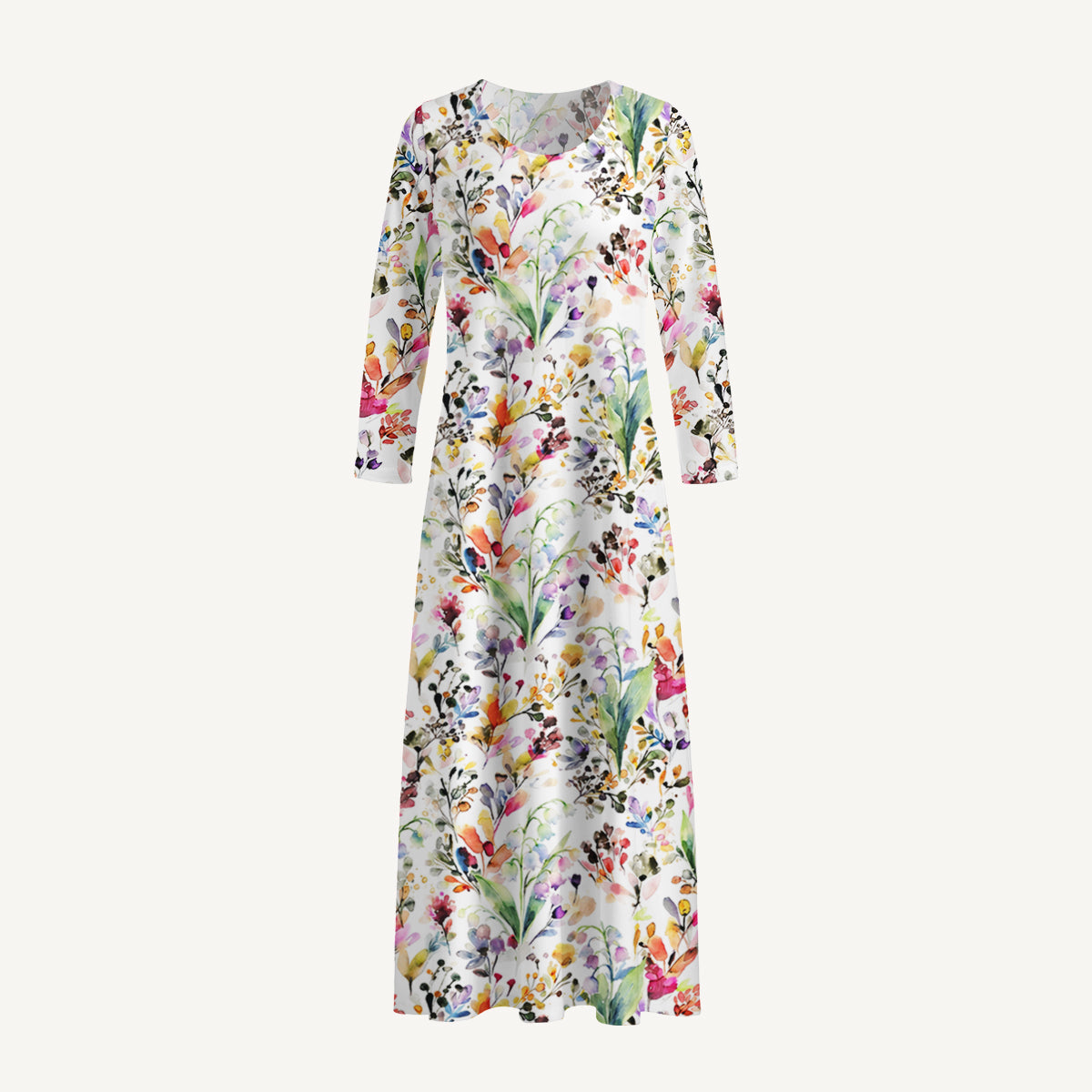 Watercolor Wildflower Garden Print Soft-Touch Stretch Knit Long Sleeve Maxi Dress with Pockets