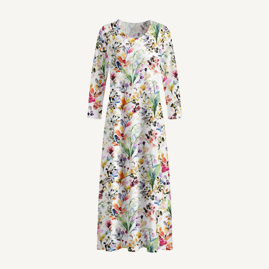 Watercolor Wildflower Garden Print Soft-Touch Stretch Knit Long Sleeve Maxi Dress with Pockets
