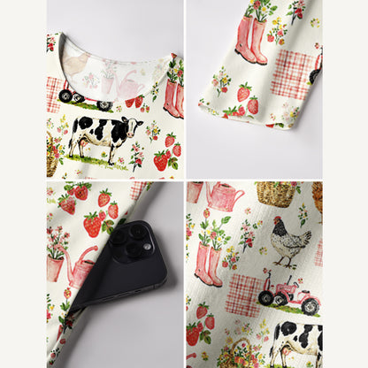 Watercolor Pink Farm Chicken Print Soft-Touch Stretch Knit Long Sleeve Maxi Dress with Pockets